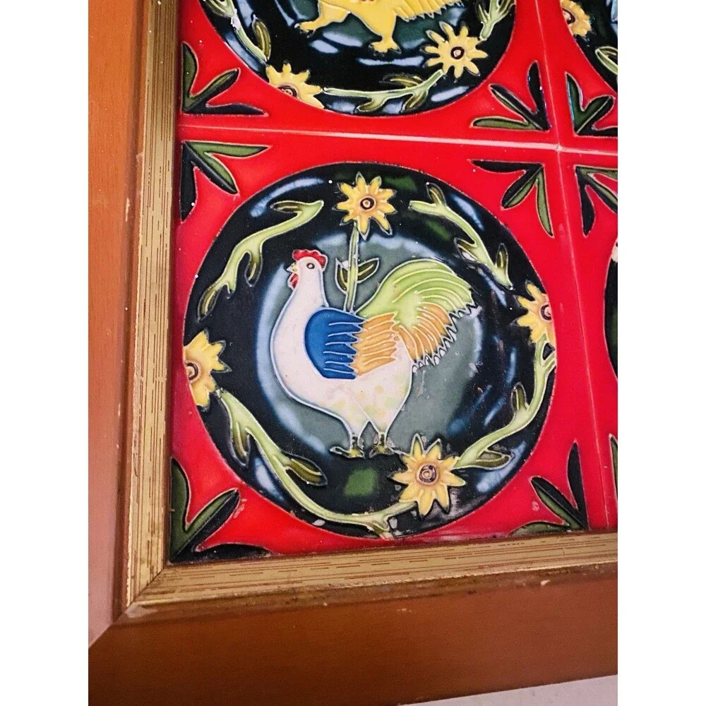 Vintage Rooster Tiles In Wood Frame 4 Ceramic Tiles Cottage Farm Americana Decor